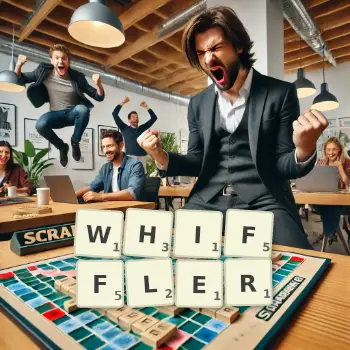 Creative illustration for a Scrabble game with the word WHIFFLER spelled out in tiles on the board.