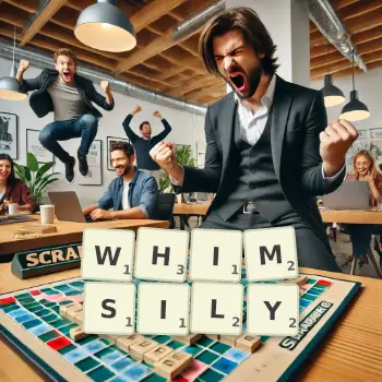 Creative illustration for a Scrabble game with the word WHIMSILY spelled out in tiles on the board.