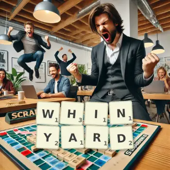 Creative illustration for a Scrabble game with the word WHINYARD spelled out in tiles on the board.