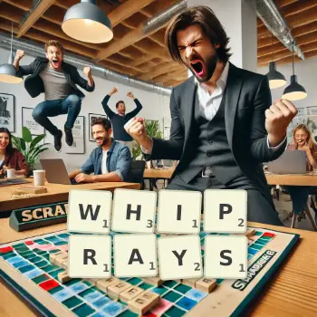 Creative illustration for a Scrabble game with the word WHIPRAYS spelled out in tiles on the board.