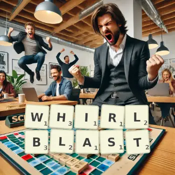 Creative illustration for a Scrabble game with the word WHIRLBLAST spelled out in tiles on the board.