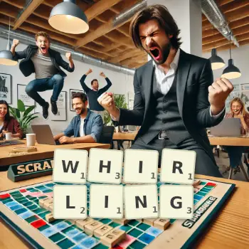 Creative illustration for a Scrabble game with the word WHIRLING spelled out in tiles on the board.