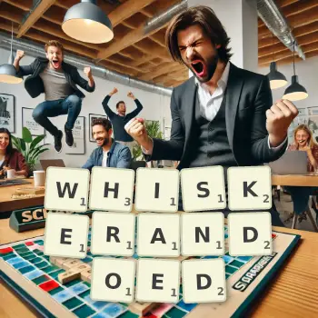 Creative illustration for a Scrabble game with the word WHISKERANDOED spelled out in tiles on the board.