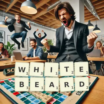 Creative illustration for a Scrabble game with the word WHITEBEARD spelled out in tiles on the board.