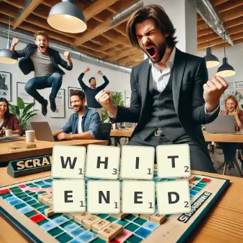 Creative illustration for a Scrabble game with the word WHITENED spelled out in tiles on the board.