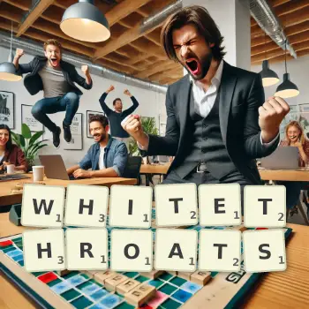 Creative illustration for a Scrabble game with the word WHITETHROATS spelled out in tiles on the board.