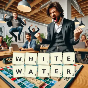 Creative illustration for a Scrabble game with the word WHITEWATER spelled out in tiles on the board.