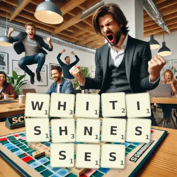 Creative illustration for a Scrabble game with the word WHITISHNESSES spelled out in tiles on the board.