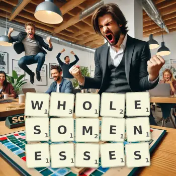 Creative illustration for a Scrabble game with the word WHOLESOMENESSES spelled out in tiles on the board.