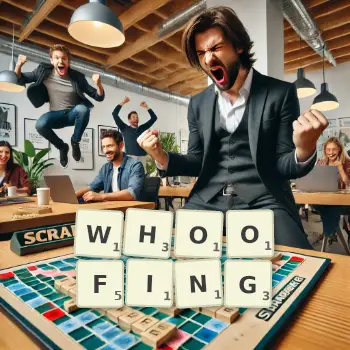 Creative illustration for a Scrabble game with the word WHOOFING spelled out in tiles on the board.