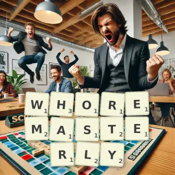 Creative illustration for a Scrabble game with the word WHOREMASTERLY spelled out in tiles on the board.