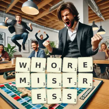 Creative illustration for a Scrabble game with the word WHOREMISTRESS spelled out in tiles on the board.