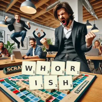 Creative illustration for a Scrabble game with the word WHORISH spelled out in tiles on the board.