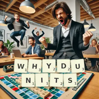Creative illustration for a Scrabble game with the word WHYDUNITS spelled out in tiles on the board.