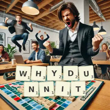 Creative illustration for a Scrabble game with the word WHYDUNNIT spelled out in tiles on the board.