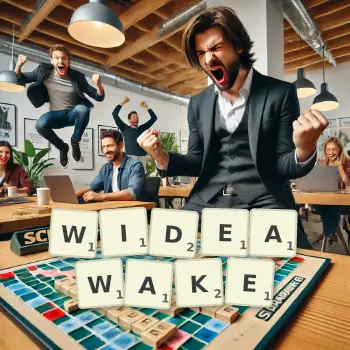 Creative illustration for a Scrabble game with the word WIDEAWAKE spelled out in tiles on the board.