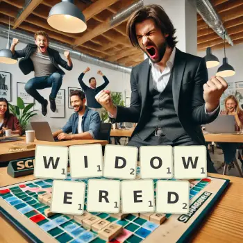 Creative illustration for a Scrabble game with the word WIDOWERED spelled out in tiles on the board.