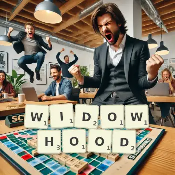 Creative illustration for a Scrabble game with the word WIDOWHOOD spelled out in tiles on the board.