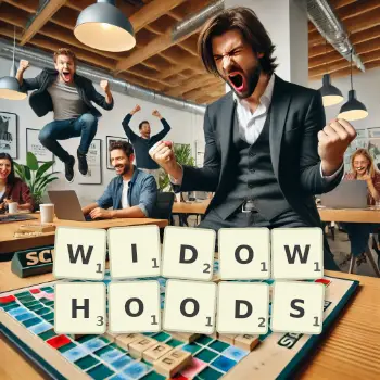 Creative illustration for a Scrabble game with the word WIDOWHOODS spelled out in tiles on the board.