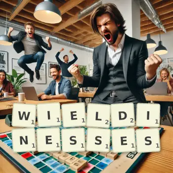 Creative illustration for a Scrabble game with the word WIELDINESSES spelled out in tiles on the board.