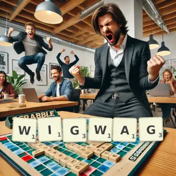 Creative illustration for a Scrabble game with the word WIGWAG spelled out in tiles on the board.