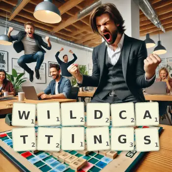 Creative illustration for a Scrabble game with the word WILDCATTINGS spelled out in tiles on the board.