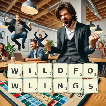 Creative illustration for a Scrabble game with the word WILDFOWLINGS spelled out in tiles on the board.