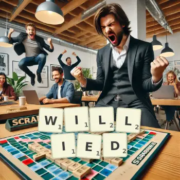 Creative illustration for a Scrabble game with the word WILLIED spelled out in tiles on the board.