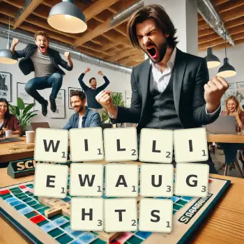 Creative illustration for a Scrabble game with the word WILLIEWAUGHTS spelled out in tiles on the board.