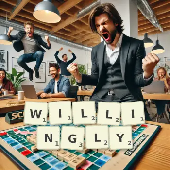 Creative illustration for a Scrabble game with the word WILLINGLY spelled out in tiles on the board.