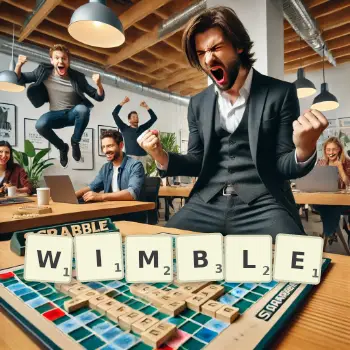 Creative illustration for a Scrabble game with the word WIMBLE spelled out in tiles on the board.