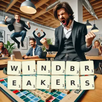 Creative illustration for a Scrabble game with the word WINDBREAKERS spelled out in tiles on the board.