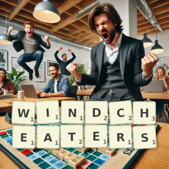 Creative illustration for a Scrabble game with the word WINDCHEATERS spelled out in tiles on the board.