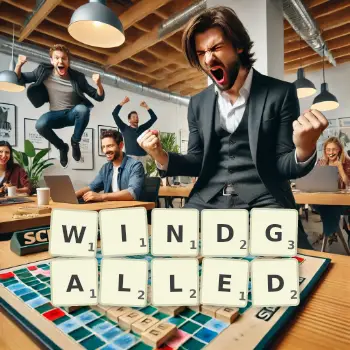 Creative illustration for a Scrabble game with the word WINDGALLED spelled out in tiles on the board.