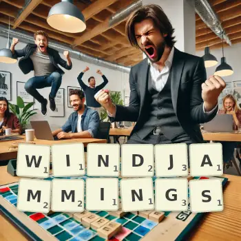 Creative illustration for a Scrabble game with the word WINDJAMMINGS spelled out in tiles on the board.