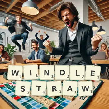 Creative illustration for a Scrabble game with the word WINDLESTRAW spelled out in tiles on the board.