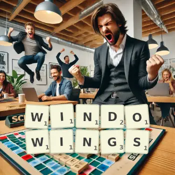 Creative illustration for a Scrabble game with the word WINDOWINGS spelled out in tiles on the board.
