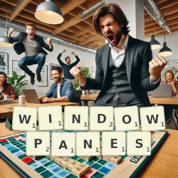Creative illustration for a Scrabble game with the word WINDOWPANES spelled out in tiles on the board.