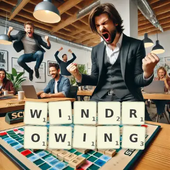 Creative illustration for a Scrabble game with the word WINDROWING spelled out in tiles on the board.
