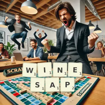 Creative illustration for a Scrabble game with the word WINESAP spelled out in tiles on the board.