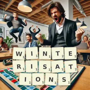 Creative illustration for a Scrabble game with the word WINTERISATIONS spelled out in tiles on the board.