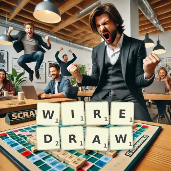Creative illustration for a Scrabble game with the word WIREDRAW spelled out in tiles on the board.