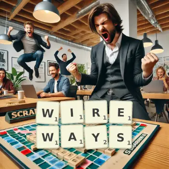 Creative illustration for a Scrabble game with the word WIREWAYS spelled out in tiles on the board.