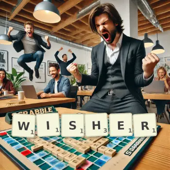 Creative illustration for a Scrabble game with the word WISHER spelled out in tiles on the board.