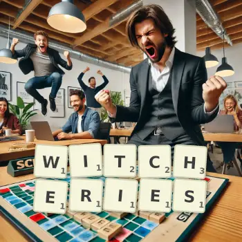 Creative illustration for a Scrabble game with the word WITCHERIES spelled out in tiles on the board.