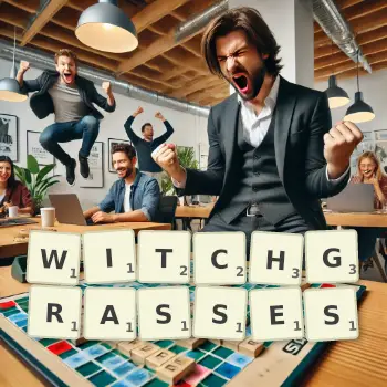 Creative illustration for a Scrabble game with the word WITCHGRASSES spelled out in tiles on the board.