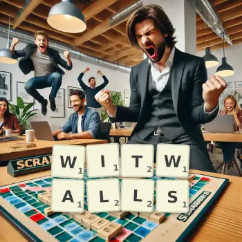 Creative illustration for a Scrabble game with the word WITWALLS spelled out in tiles on the board.