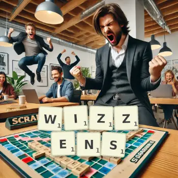 Creative illustration for a Scrabble game with the word WIZZENS spelled out in tiles on the board.