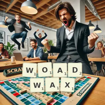 Creative illustration for a Scrabble game with the word WOADWAX spelled out in tiles on the board.