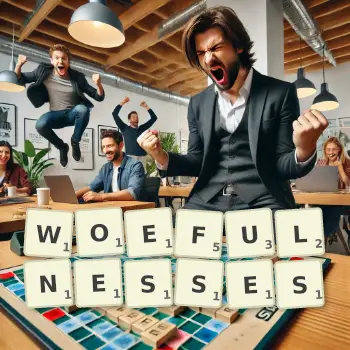 Creative illustration for a Scrabble game with the word WOEFULNESSES spelled out in tiles on the board.